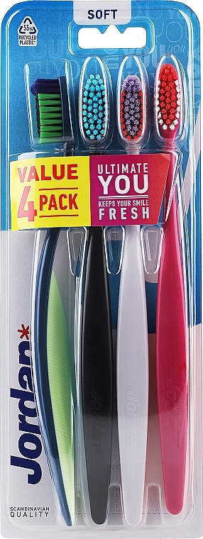 Зубная щетка мягкая, 4 шт, синяя + черная + сиреневая + розовая - Jordan Ultimate You Soft Toothbrush — фото N1