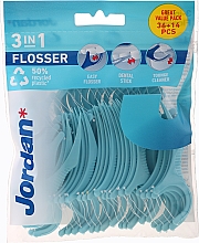 Зубна нитка 3 в 1, 36+14 шт, блакитна - Jordan 3-in-1 Flosser Dental Stick & Tongue Cleaner — фото N1