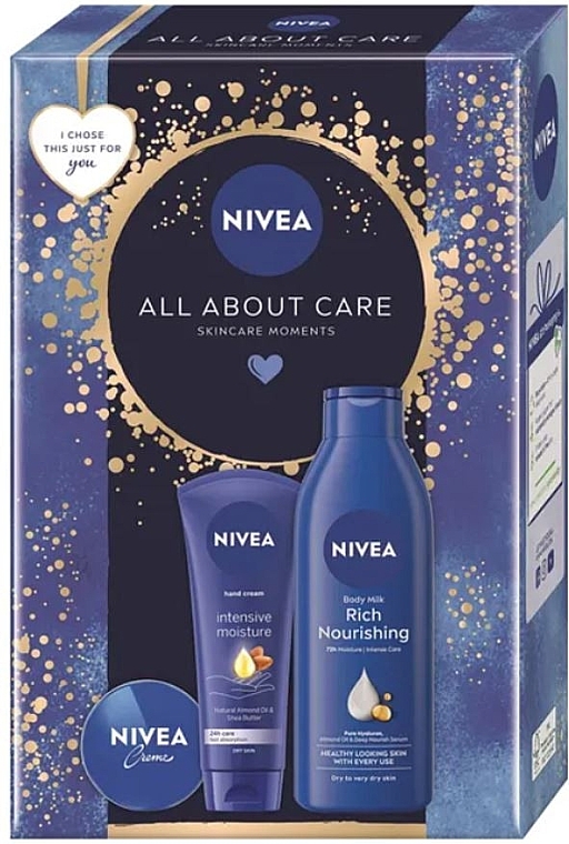 Набір - Nivea All About Care (b/milk/250ml + h/cr/100ml + cr/30ml) — фото N1