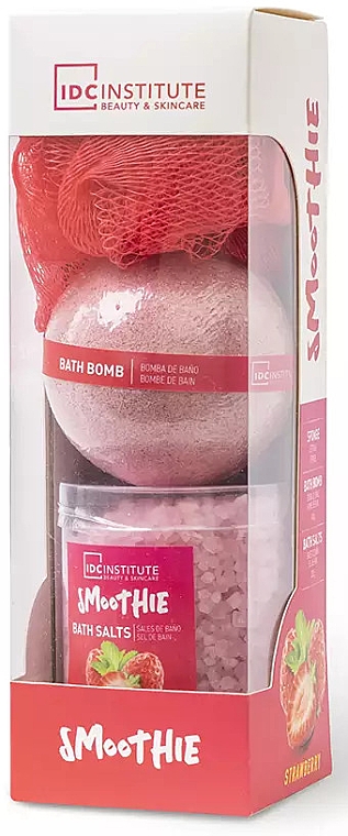 Набір - IDC Institute Smoothie Strawberry Set (bath/ball/140g + sponge/1pcs + salt/200g) — фото N1
