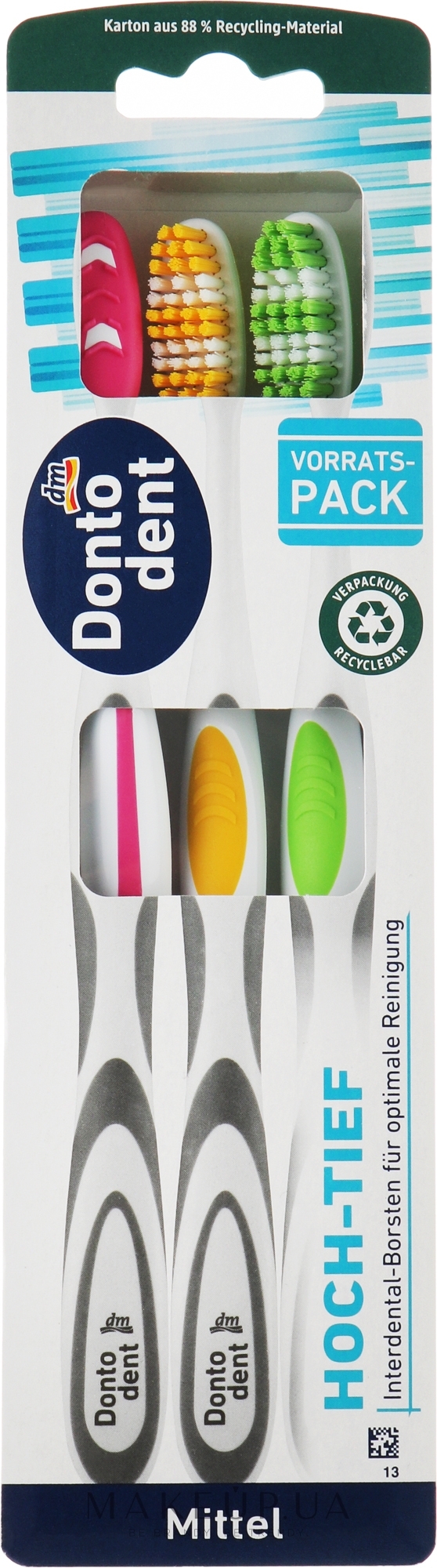 Набор зубных щеток Mittel, желтая, зеленая, розовая - Dontodent — фото 3шт
