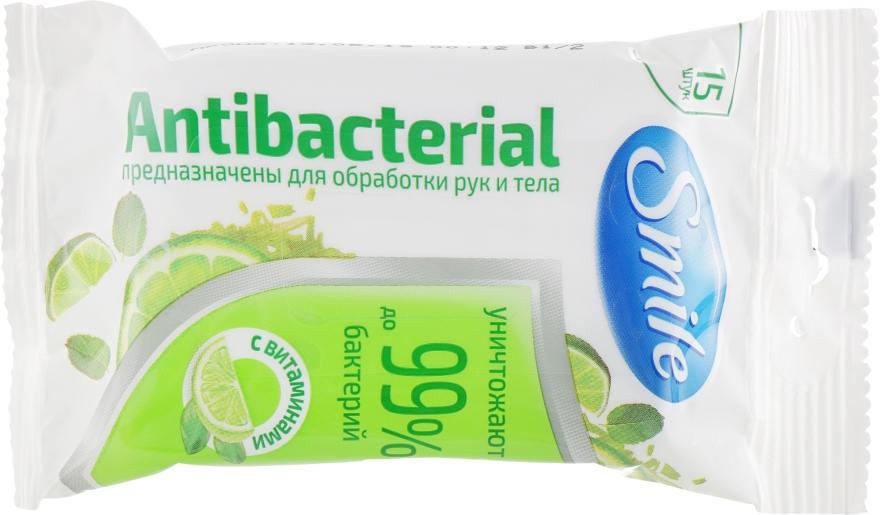 Влажные салфетки с витаминами, 15шт - Smile Ukraine Antibacterial — фото N2
