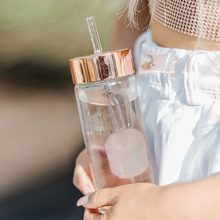 Скляна пляшка для води з рожевим кварцом і трубочкою, 400 мл - Crystallove Glass Water Bottle with Pink Quartz and Straw — фото N3