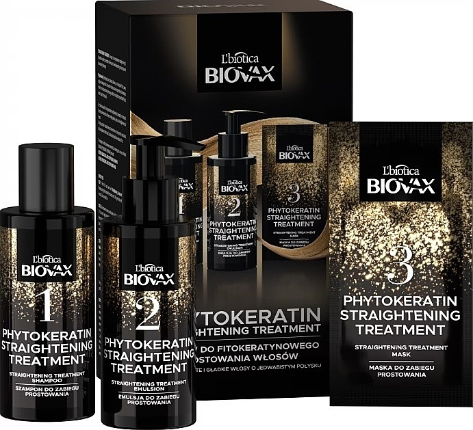 Набор для выпрямления волос - Biovax PhytoKeratin (sham/100ml + h/emuls/100ml + h/mask/20ml) — фото N1