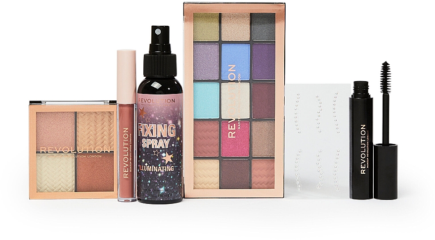 Набор - Makeup Revolution Euphoria Makeup Gift Set (eyeshadow/15x1.1g + highlighter/4x1.1g + fix/spray/95ml + lipstick/2.5ml + mascara/7ml + face jewels) — фото N3