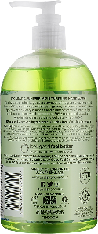 Средство для мытья рук "Fig Leaf & Juniper" - Yardley Fig Leaf & Juniper Moisturising Hand Wash  — фото N2