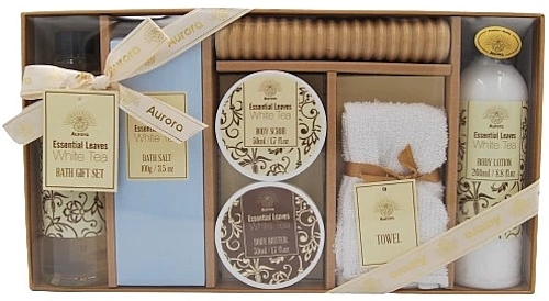 Набір "Білий чай", 7 продуктів - Aurora Essential Leaves White Tea Bath Gift Set — фото N1