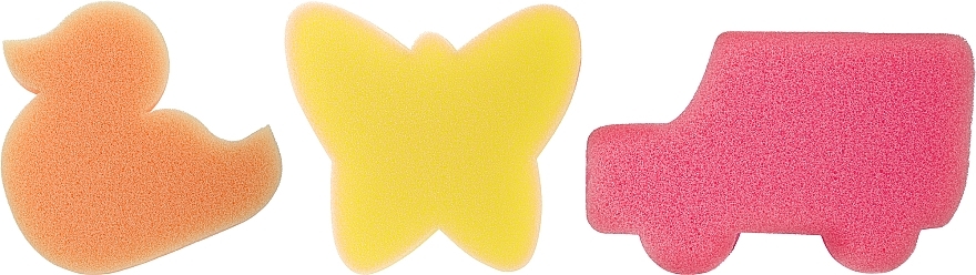Набір дитячих губок для ванни, 3 шт., помаранчева качечка + жовтий метелик + рожева машинка - Ewimark — фото N1