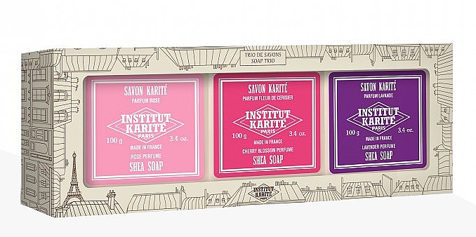 Набор - Institut Karite Shea Soap Trio Rose, Lavender and Cherry Blossom (soap/100g + soap/100g + soap/100g) — фото N1