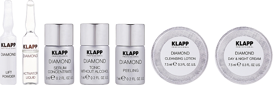 Набір мініпродуктів для догляду за обличчям - Klapp Diamond Treatment (f/lot/7.5ml + f/peel/7ml + f/ton/7ml + f/ser/5ml + mask/act/3ml + mask/powder/3ml + f/cr/7.5ml) — фото N1