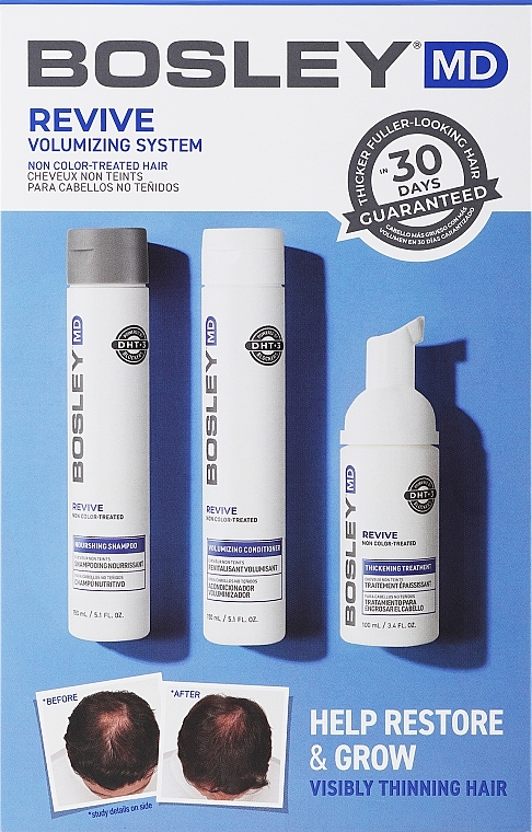 Набір для відновлення стоншеного нефарбованого волосся - Bosley Bos Revive Kit (shm/150ml + cond/150 + treatm/100ml) — фото N1