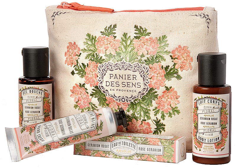 Набір для подорожей "Герань" - Panier des Sens Travel Set Rose Geranium (h/cr/30ml + sh/gel/50ml + b/lot/50ml + edt/3.5ml) — фото N1