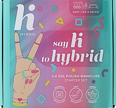 Стартовый набор для ногтей - Hi Hybrid Starter Set UV Gel Polish Manicure Easy Like A Selfie (n/base/5ml + n/top/5ml + n/polish/5ml + n/cl/50ml + lamp + baff + n/file/1pc) — фото N1