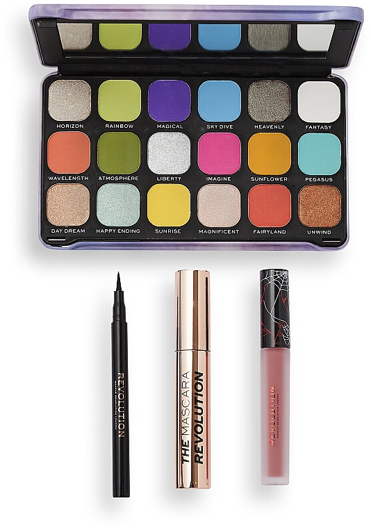 Набір - Makeup Revolution Death By Colour Set (mascara/12ml + eye/shadow/18x1.1g + lipstick/2.2g + eye/liner/1ml) — фото N2