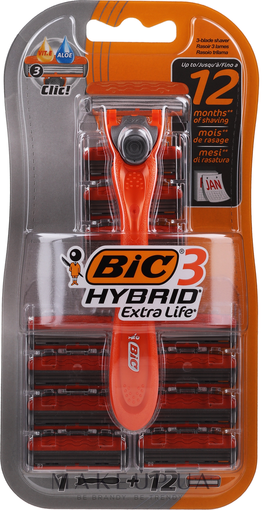 Мужская бритва c 12 сменными кассетами - Bic 3 Hybrid Extra Life — фото 12шт