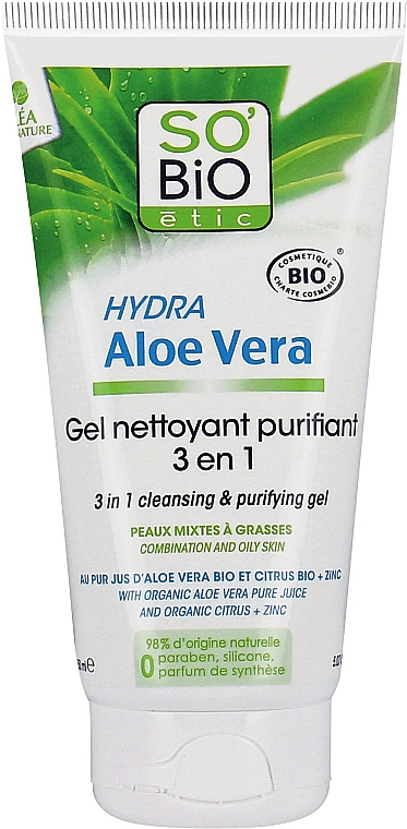 Гель для комбинированной и жирной кожи лица - So'Bio Etic Hydra Aloe Vera 3in1 Cleansing & Purifying Gel — фото N1