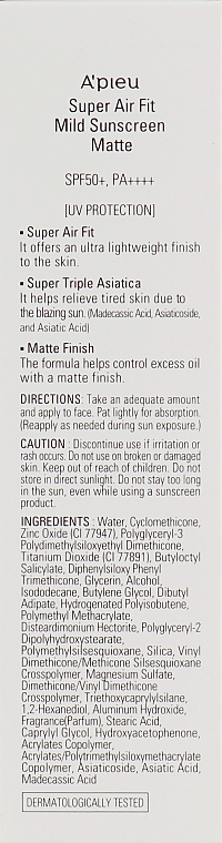 Сонцезахисний матувальний крем - A'Pieu Super Air Fit Mild Sunscreen Matte SPF50+ PA++++ — фото N3