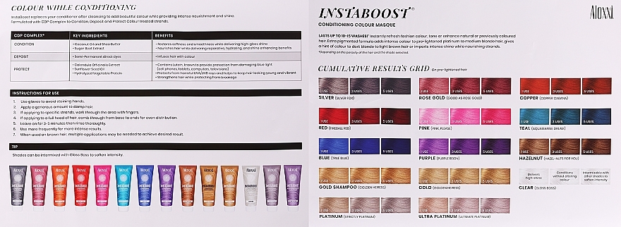 Палитра цветов кондиционирующих цветных масок для волос - Aloxxi Swatch Chart & Usage Guide INSTABOOST Conditioning Colour Masque  — фото N2