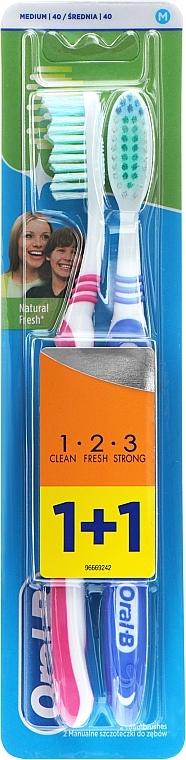 Набір зубних щіток (середня, рожева + синя) - Oral-B 1 2 3 Natural Fresh 40 Medium 1 + 1 — фото N1