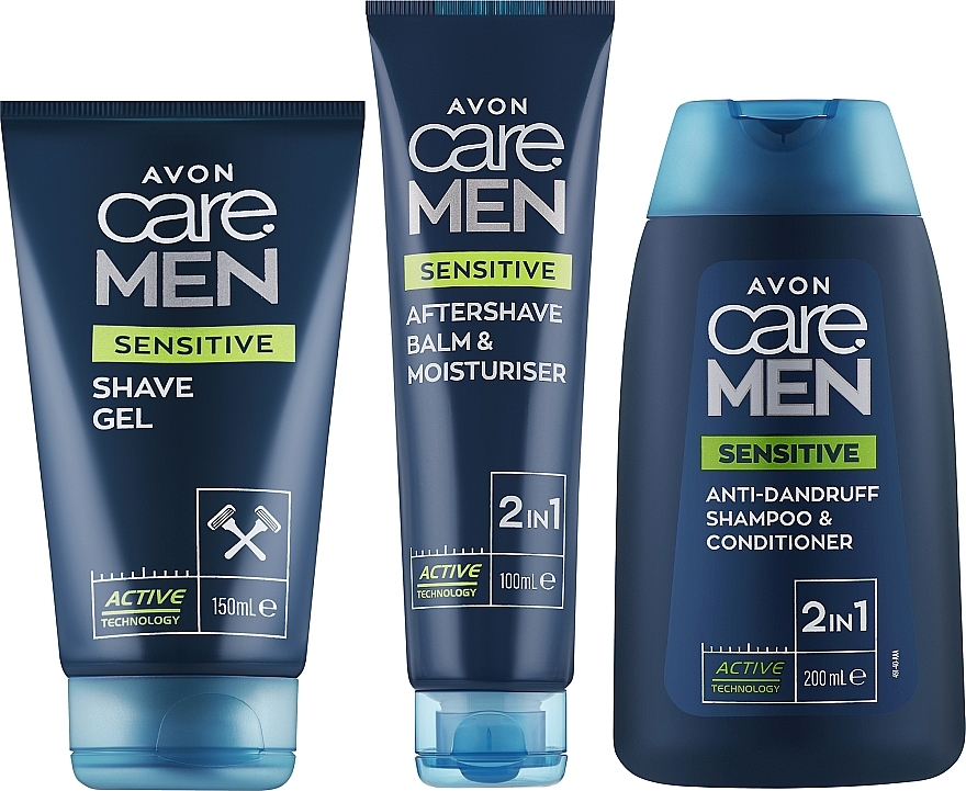 Набір - Avon Care Man Sensitive (shave/gel/150ml + ash/balm/100ml + shampoo/200ml) — фото N1