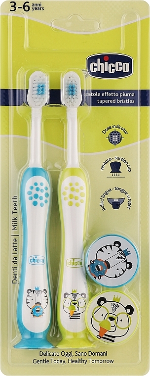 Набор зубных щеток на присоске, 3-6 лет, голубая и желтая - Chicco Milk Teeth (toothbrush/2pcs) — фото N1