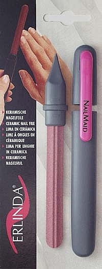 Керамічна пилочка для нігтів у сірому кейсі, рожева кліпса - Erlinda Solingen NailMaid Ceramic Nail File In Light Grey Case With Clip — фото N1