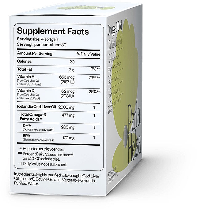 Омега-3 из трески, с витаминами А и Д3, 120 капсул - Perla Helsa Omega-3 Cod Wellness Complex Dietary Supplement — фото N3