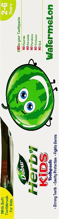 Набор для детей "Арбуз" 2-6 лет - Dabur Herb'l Kids Watermelon (toothpaste/50g + toothbrush/1pcs + gift) — фото N1