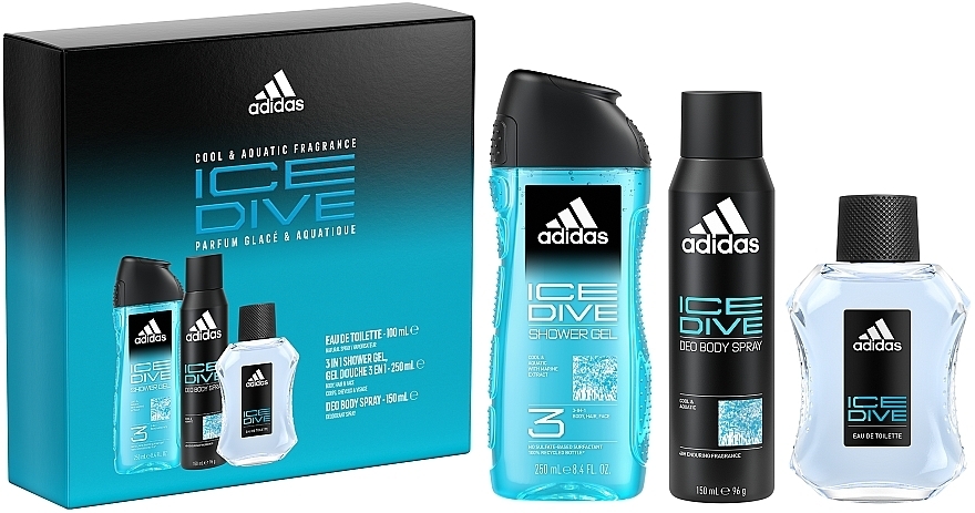 Adidas Ice Dive - Набор (edt/100ml + spray/150ml + sh/gel/250ml) — фото N1