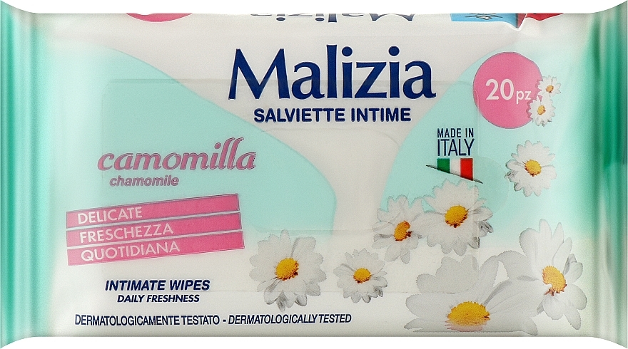Вологі серветки для інтимної гігієни "Ромашка", 20 шт. - Malizia Intimate Wipes Camomile — фото N1