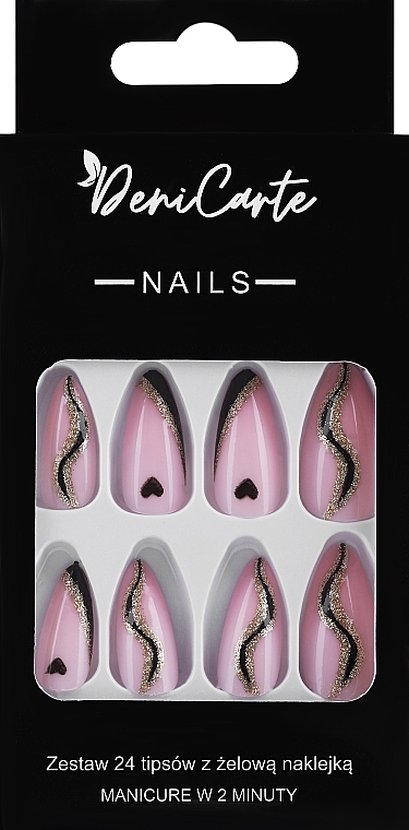 Накладні нігті з ниткою чорного кольору та деталлю у формі серця, 24 шт. - Deni Carte Nails Natural 2 Minutes Manicure — фото N1