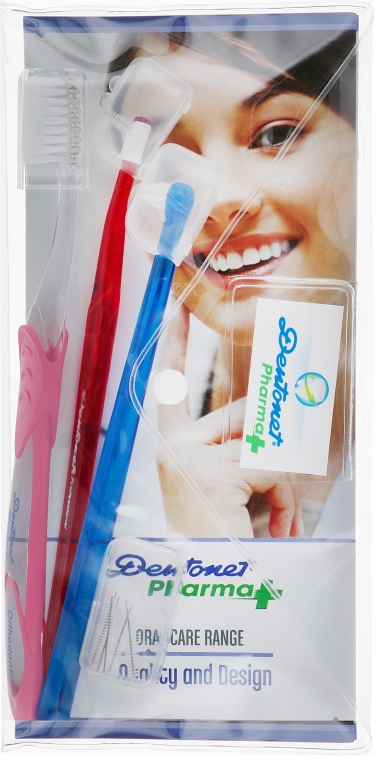 Набор "Ортодонтический", розовая щетка + синяя - Dentonet Pharma (single brush/1 шт. + toothbrush/1 шт. + holder/1 шт. + d/s/brush/6 шт. + penal) — фото N1