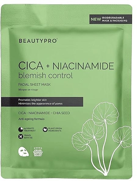 Тканинна маска для обличчя "Цика + ніацинамід" - BeautyPro Cica + Niacinamide Facial Sheet Mask — фото N1