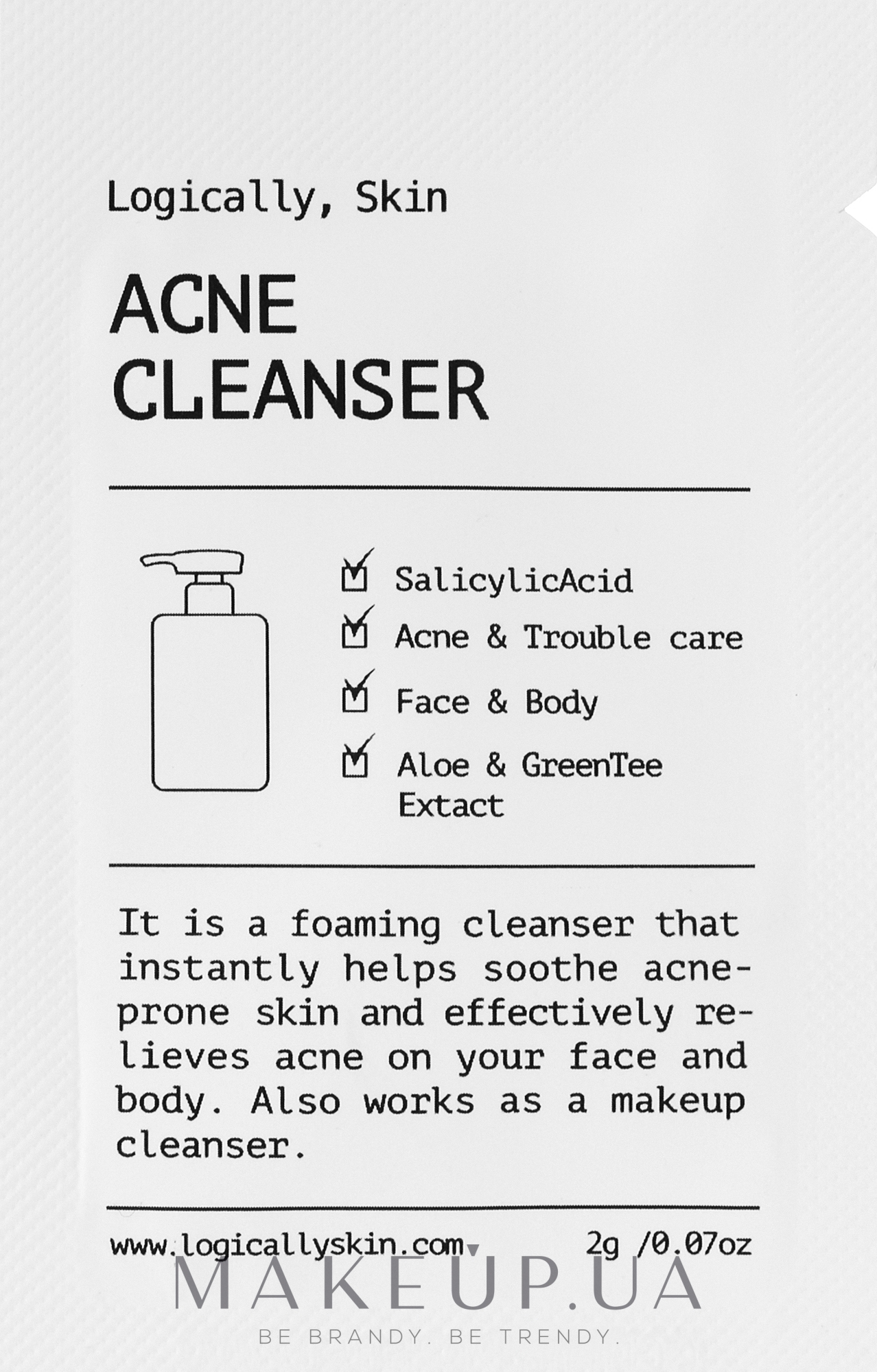 Очищувальний засіб для шкіри обличчя та тіла з акне - Logically, Skin Acne Cleanser (пробник) — фото 2g