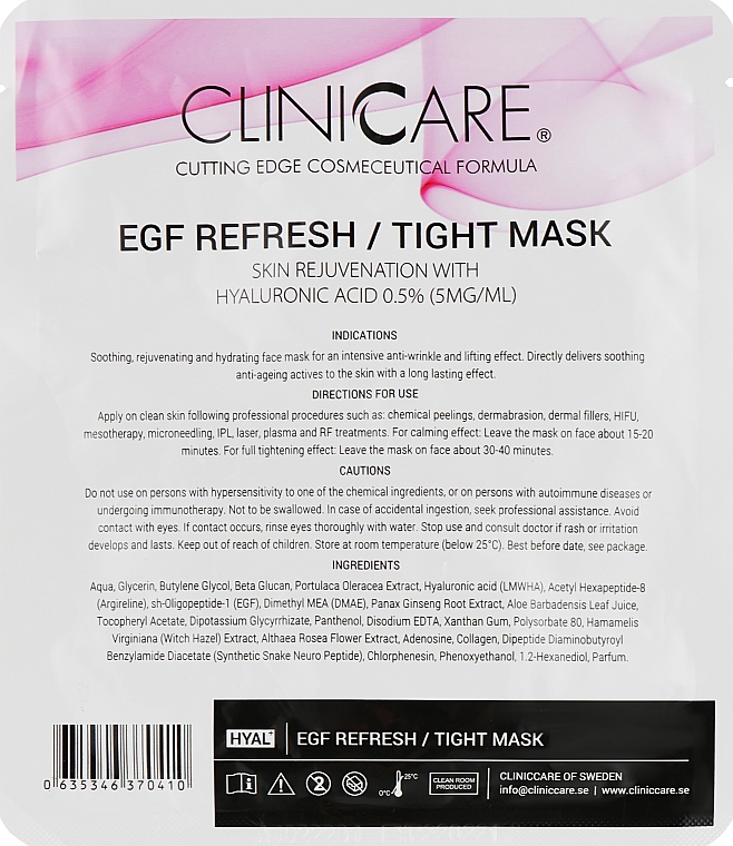 Регенерирующая лифтинг-маска с 0,5% гиалуроновой кислотой - ClinicCare Hyal Egf Refresh/Tight Lifting/Skin Rejuv. Mask 0.5% HA — фото N2