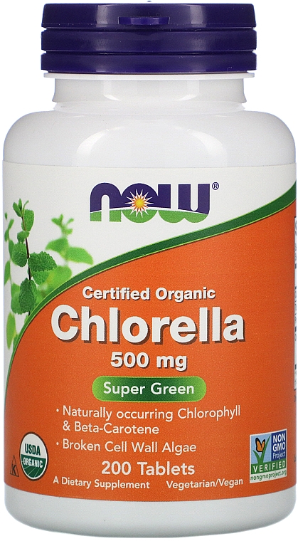 Натуральна добавка Хлорела, 500 мг, 200 капсул - Now Foods Certified Organic Chlorella — фото N1