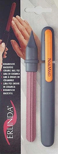 Керамическая пилочка для ногтей в сером кейсе, оранжевая клипса - Erlinda Solingen NailMaid Ceramic Nail File In Light Grey Case With Clip  — фото N1