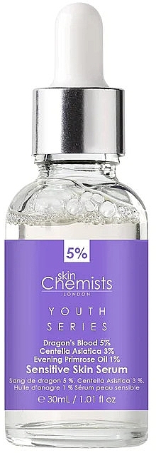 Сироватка для обличчя - Skin Chemists Youth Series Dragon's Blood 5%, Centella Asistica 3%, Evening Primrose Oil 1% Sensitive Skin Serum — фото N2