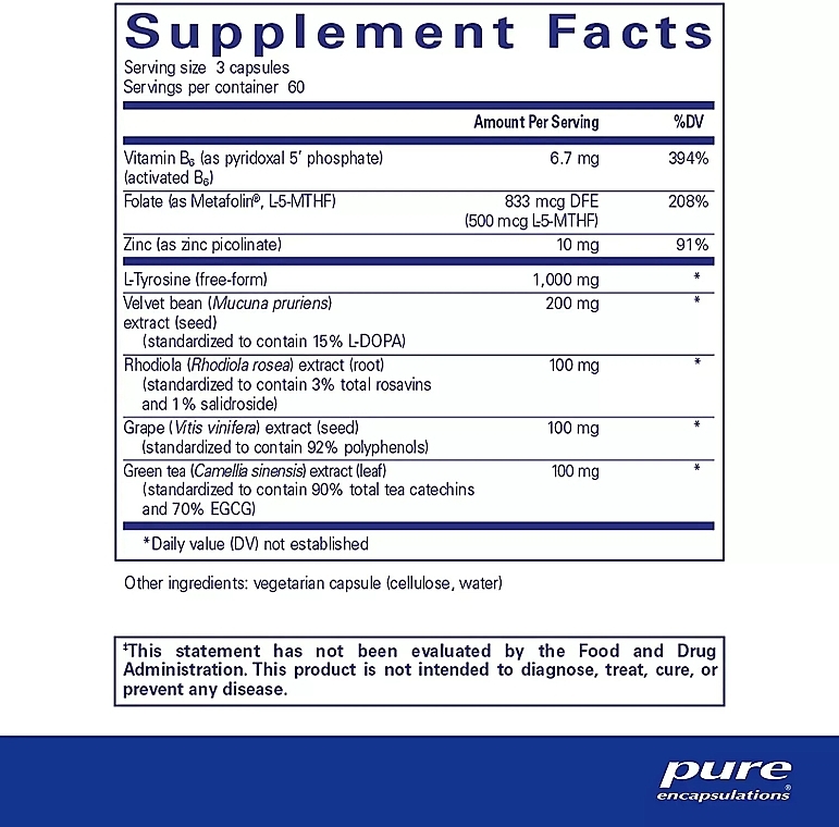 Диетическая добавка "Всесторонняя поддержка допамина", капсулы - Pure Encapsulations DopaPlus — фото N2