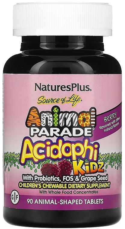 Пробиотики для детей, жевательные, ягодный вкус - NaturesPlus Animal Parade AcidophiKidz — фото N1