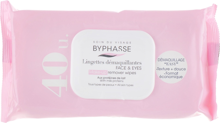 Салфетки для лица очищающие, 40шт - Byphasse Make-up Remover Wipes Milk Proteins All Skin Types — фото N1