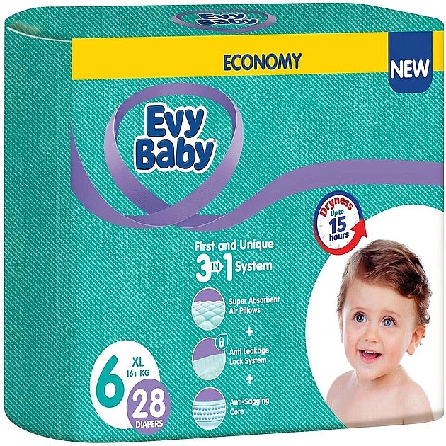 Підгузки дитячі гігієнічні одноразові XL 6, 16+ кг, 28 шт. - Evy Baby — фото N1