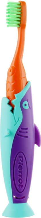 Набор детский "Акула", оранжевый + фиолетовый + бирюзовый + чехол синий - Pierrot Kids Sharky Dental Kit (tbrsh/1шт. + tgel/25ml + press/1шт.) — фото N3
