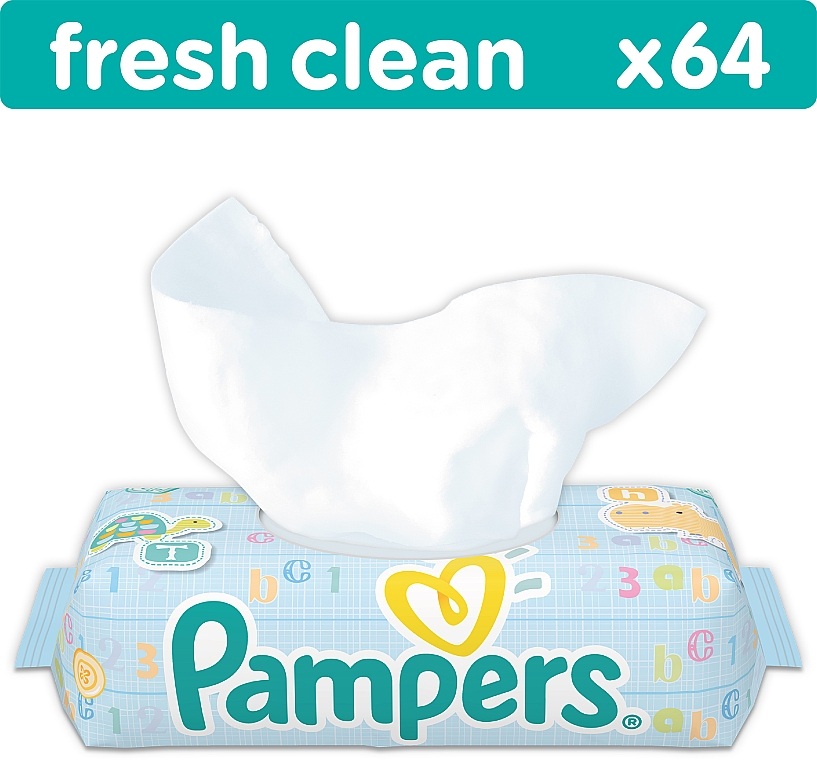 Серветки дитячі вологі  "Fresh Clean" з клапаном, 64 шт. - Pampers — фото N1