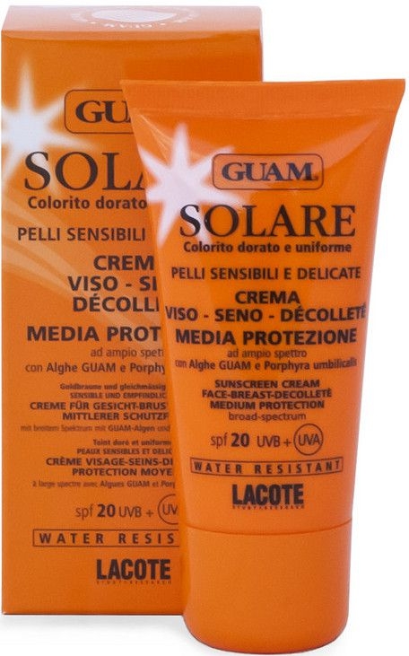 Солнцезащитный крем для лица и зоны декольте, водостойкий с SPF 20 - Guam Solare Crema Viso-Seno-Decollete Media Protezione SPF 20