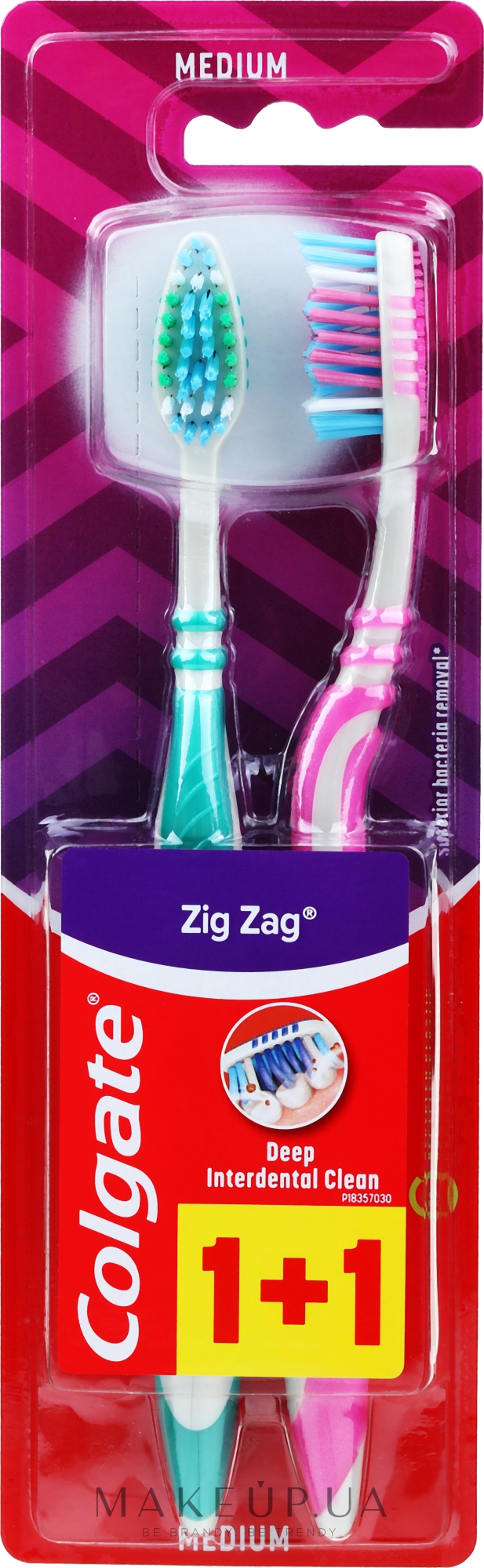 Зубная щетка "Зигзаг плюс" средняя, зеленая + розовая - Colgate Zig Zag Plus Medium — фото 2шт