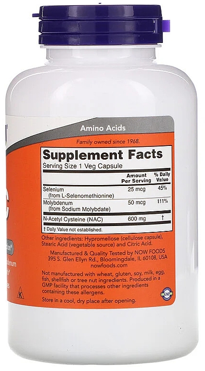 Харчова добавка "N-ацетилцистеїн", 600 мг - Now Foods NAC Veg Capsules — фото N5