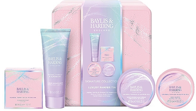 Набор - Baylis & Harding Jojoba, Vanilla & Almond Oil Luxury Pamper Tin Gift Set (sh/cr/50ml + soap/50g + b/butter/50ml + h/cr/50ml) — фото N1