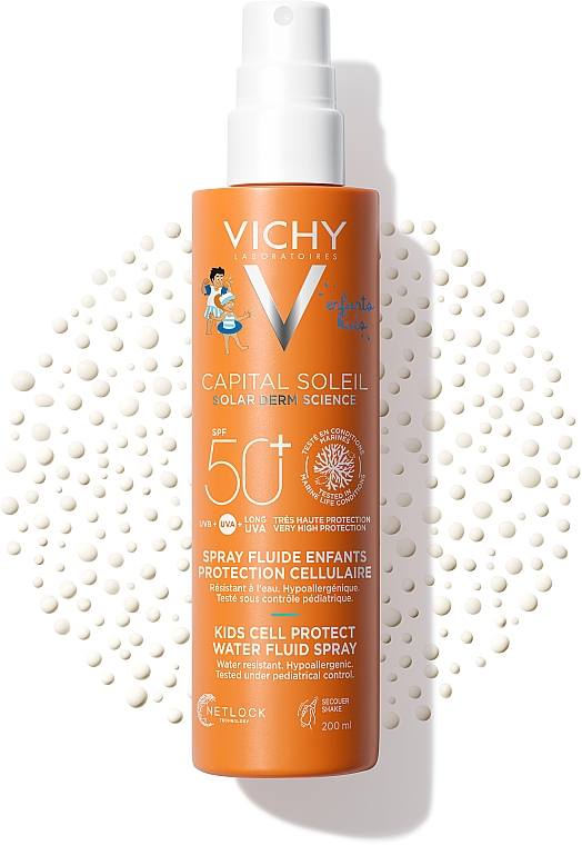 Сонцезахисний водостійкий спрей-флюїд для чутливої шкіри дітей, SPF50+ - Vichy Capital Soleil Kids Cell Protect Water Fluid Spray