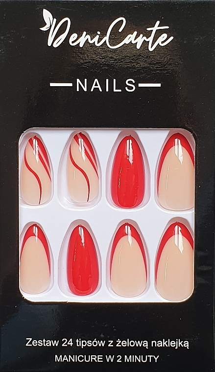 Накладні нігті червоний французький манікюр із завитками, 24 шт. - Deni Carte Tipsy Red French Swirl 9195 — фото N1